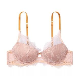 Victoria Secret  Dream Angels Chantilly Lace Plunge Bra Size 38DD Angel Pink